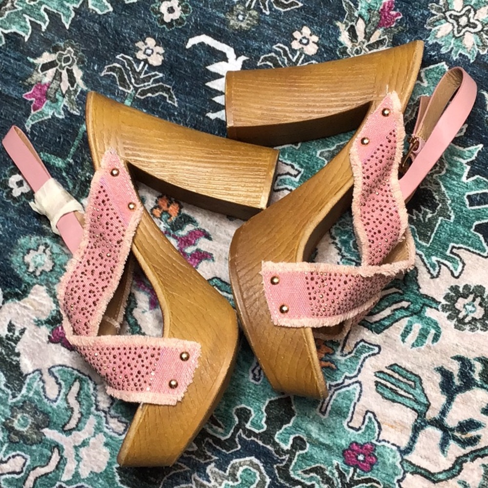 🆕 Forever ‘Amazing 22’ Pink Rhinestone Denim Platform Heel Sandals Sz.10 NWOT - Picture 7 of 11